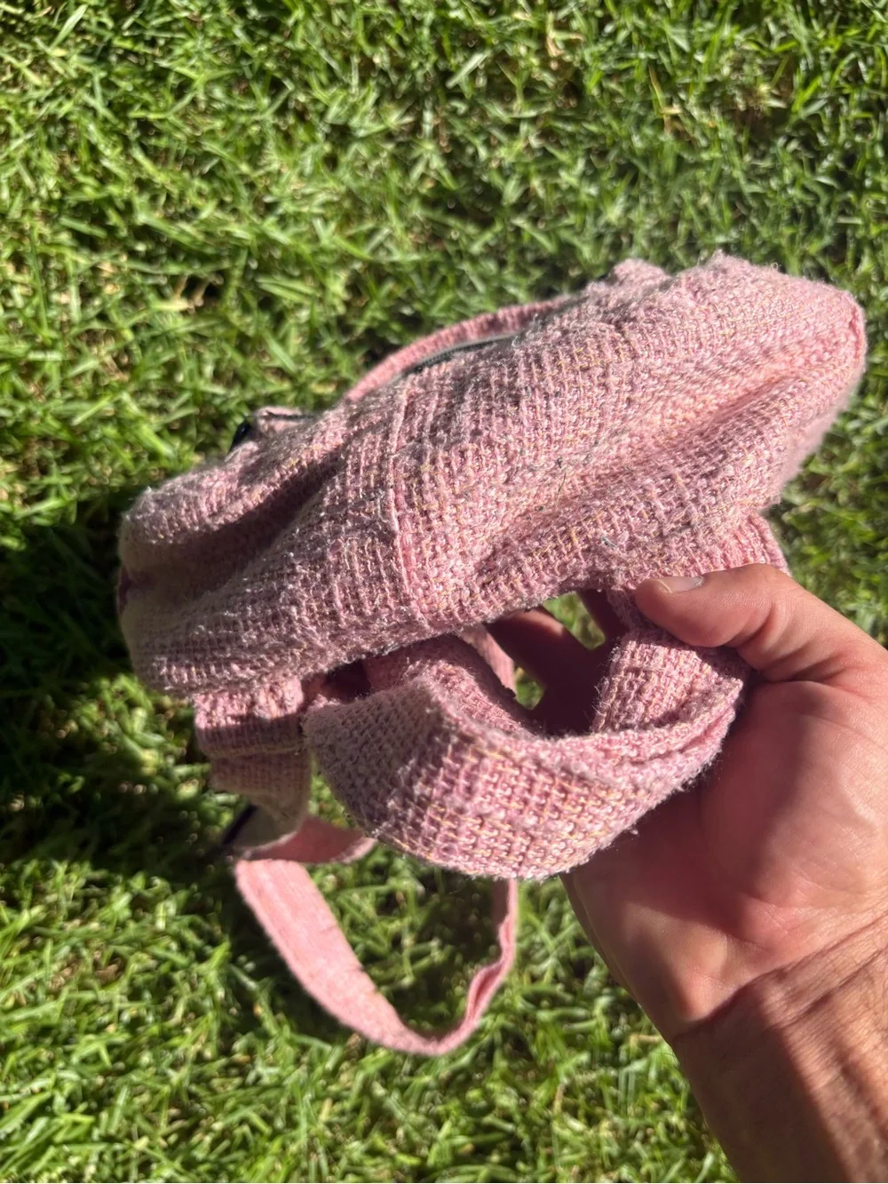 Pink Knit Mini Backpack with Top Handles and Adjustable Straps